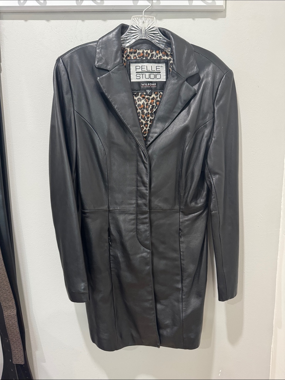 Pelle Studio Black Leather Longline Blazer with Leopard Lining